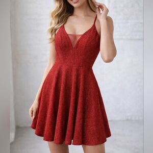 Ever Pretty Red Glitter Mini Dress Small Sheer V Neck Party Homecoming